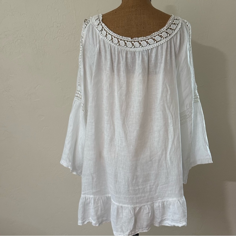 Saks Fifth Avenue 100% Linen white long-sleeve peasant-style blouse lace trim XL - Picture 5 of 7